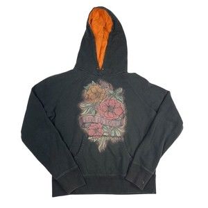black faded y2k lucky brand womans hoodie with flower graphic and orange hood